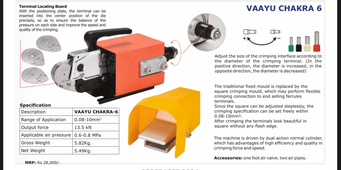 JAINSON VAAYU CHAKRA 6 Pneumatic Crimping Tool Air Powered Wire Machine Up To Crimper Plier Terminals 1.3T Powerful Output 0.5-0.7Mpa 6Feet Hose Fit Ferrule Awg28-7 AM 6-4 0.08-10mm²