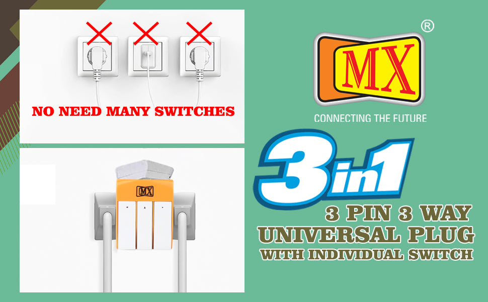MX -4006 3 PIN 3 Way Universal Multi Plug with Individual Switch (Multicolour)
