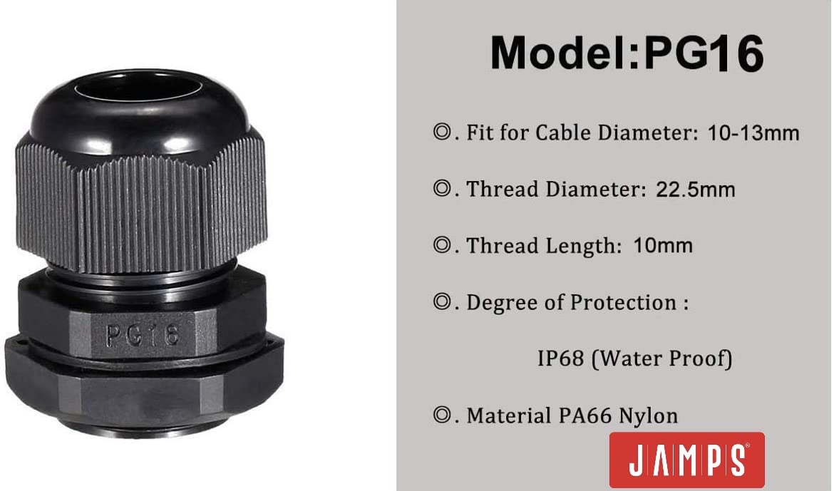 JAMPS Plastic Adjustable IP68 Waterproof Black Cable Glands Joints (PG 16, 50)