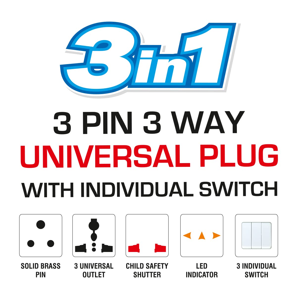 MX -4006 3 PIN 3 Way Universal Multi Plug with Individual Switch (Multicolour)