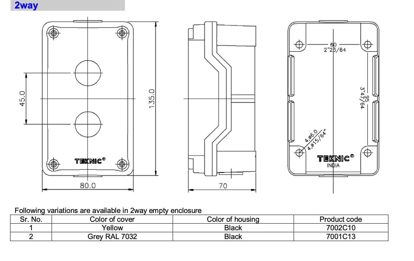 TEKNIC Metallic Series Control Station Enclosure, Die Cast, Extra Height, Grey (2 WAY)