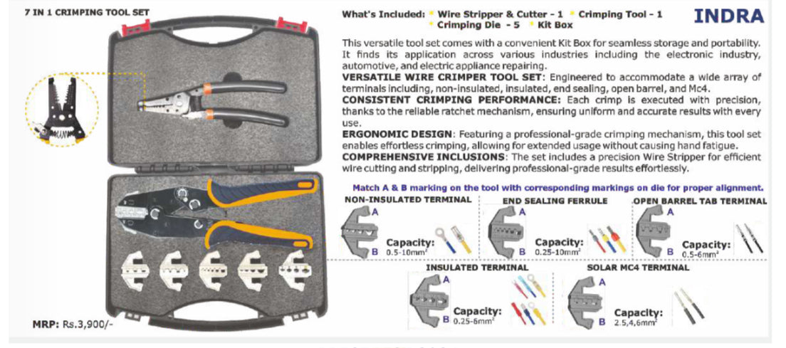 JAINSON INDRA 7-Piece Quick Change Crimping Tool Kit, Ratcheting Wire Stripper, Cable Terminal Crimper Pliers for MC4, Ferrules, Nylon, Insulated/Non-Insulated Terminals, Heat Shrink Connectors